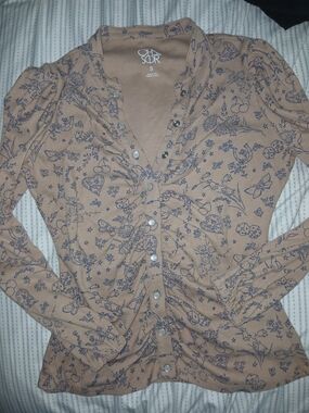 Chaser Beige Button-Front Printed Long Sleeve Top